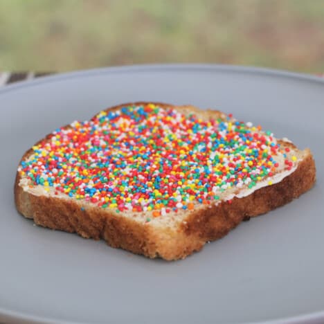 A piece of white bread on a plate, completely covered in multi-colored sprinkles.
