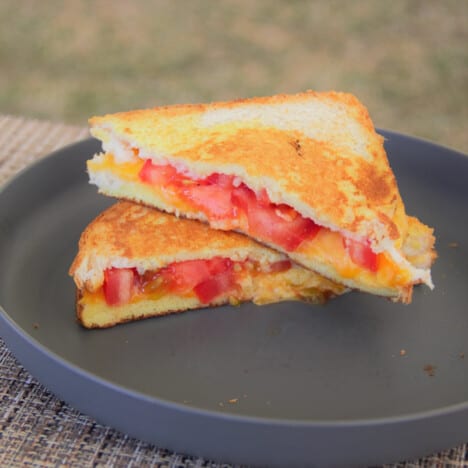 A halved cheese and tomato sandwich sitting stacked on a grey camp plate.