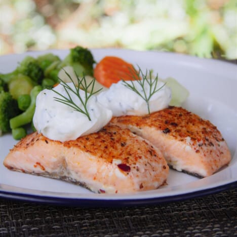Two cooked salmon fillets plated with vegetables, a dollop of yogurt dill sauce, and garnished by a dill sprig atop each filet.