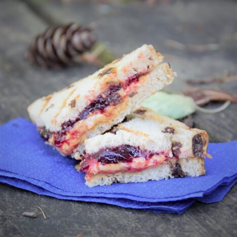 A grilled peanut butter and jelly sandwich cut on the diagonal and served on a blue napkin.