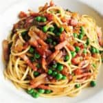 Spaghetti with Pork Jowl Bacon and Green Peas