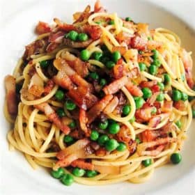 Spaghetti with Pork Jowl Bacon and Green Peas