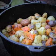 The baked vegetables still in the Dutch oven.