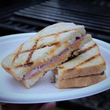 Grilled ham and cheese sandwich cut in half and ready to serve.