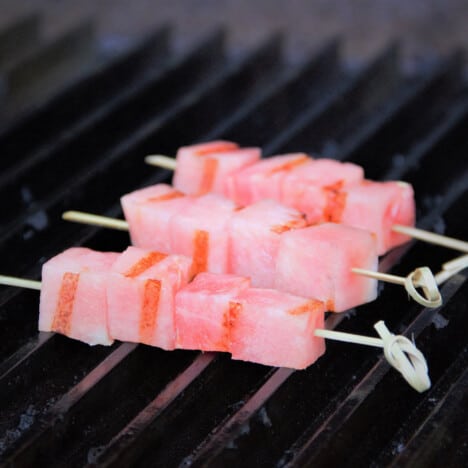 Watermelon skewers on the grill.
