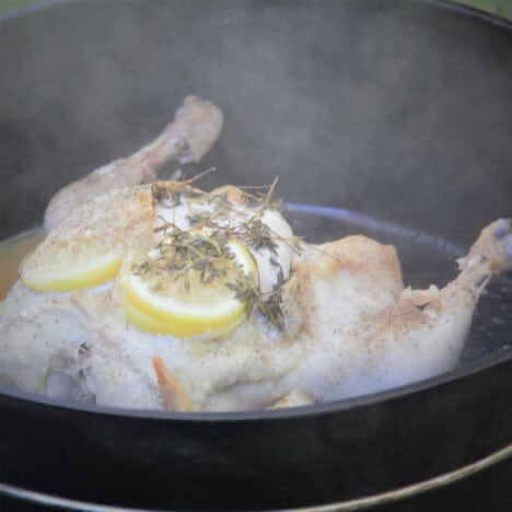 The lemon thyme chicken just after the lid of the Dutch oven was taken off and it is still steaming.