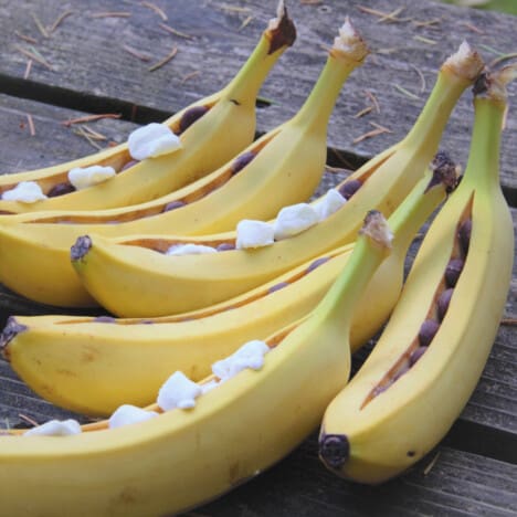 Uncooked bananas are split open and stuffed with chocolate chips and marshmallows.