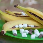 Chocolate, marshmallows, and bananas getting ready to be cooked in the campfire's coals.