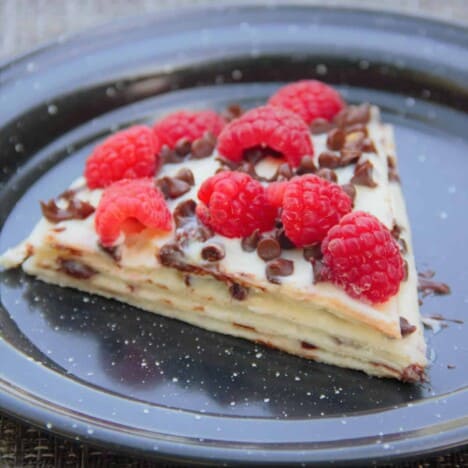 A slice of the layered grilled chocolate raspberry tortilla sits on a black camping plate.