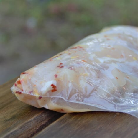 The chicken tenders marinating in a zip-lock bag on a picnic table.