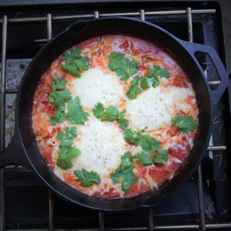 Looking down into a skillet of Huevos Rancheros