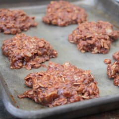 Looking across a tray of no bake chocolate oat cookies.