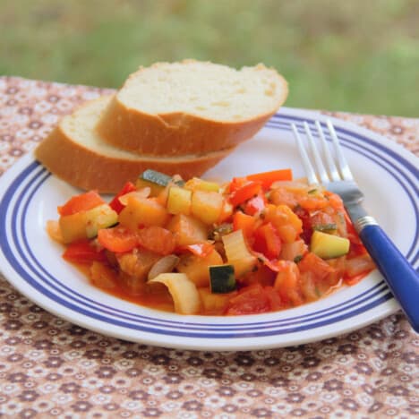 A serving of ratatouille on a white camp plate with a side of bread.