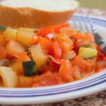 Close up of ratatouille on a camp plate.