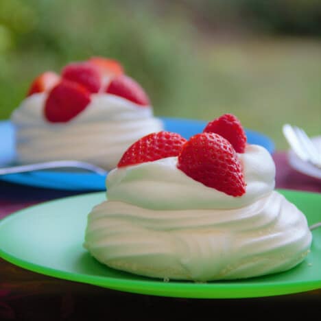 Two individual pavlovas on colorful camping plates, topped with cream and berries.