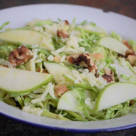 A camp plate with a salad containing sliced apples, walnuts, and shredded cheese.