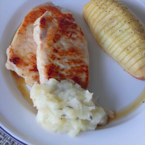 Looking down on a camp plate with a pork chop with apple sauce and a side of baked potato.