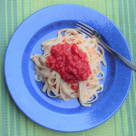 A serving of pasta topped with tomato sauce, served on a blue camping plate.