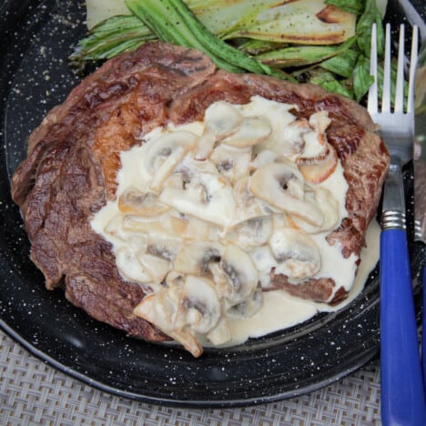Looking down on a black camp plate with a steak topped with mushroom sauce.