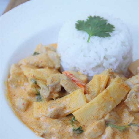A bowl of Thai red chicken curry is served next to a scoop of white rice.