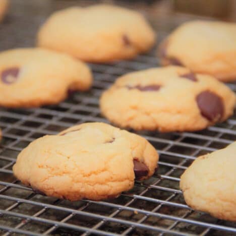 A row of freshly baked chocolate chip cookies are cooling on a wire baking rack.