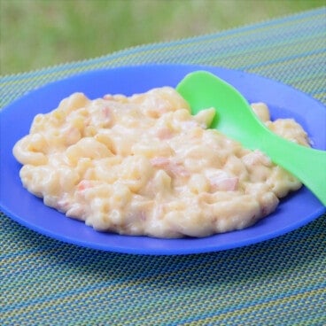 Bacon and Onion Mac and Cheese served on a blue camping plate with a green spoon and ready to eat.
