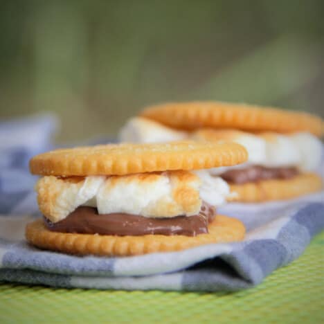 A close up shot of two cracker smores on a blue checkered napkin, with the chocolate and marshmallow.