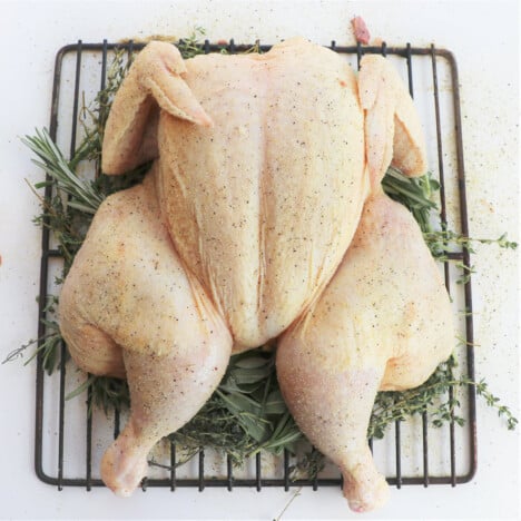 The raw butterflied chicken sitting on a bed of fresh herbs on a smoking rack.