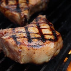 A pork chop with dark hatch marks sits on a grill.