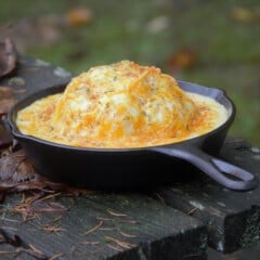 A cast iron skillet with a head of cauliflower covered in a cheesy bechamel sauce sits on a picnic table.