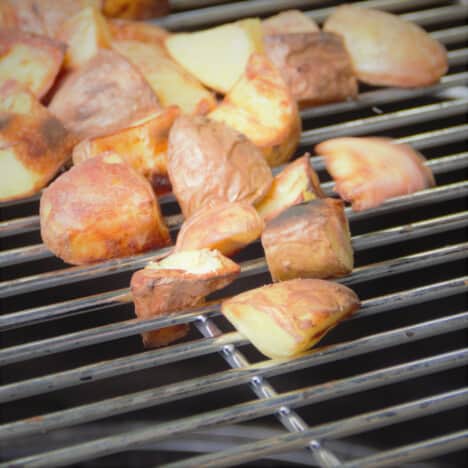Chunks of potato being grilled until golden brown.
