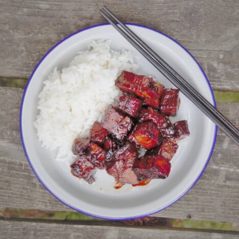 Looking down into a white bowl on a picnic table with braised pork belly, white rice, and chopsticks.