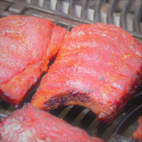 Bright red rubbed babyback ribs being smoked.