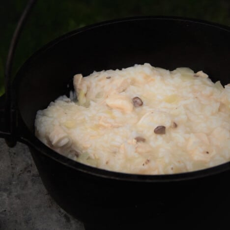 Looking into a Dutch oven with the Campfire Mock Risotto.