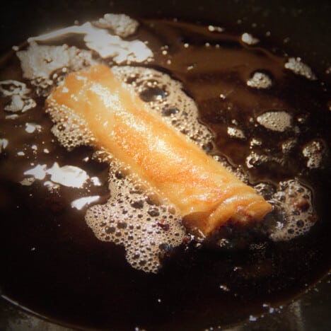 A single spring roll deep frying in oil.