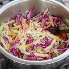 A stainless steel bowl holds shredded red and green cabbage, carrots, and apples.