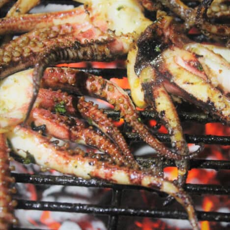 Small squid are grilling over charcoal.