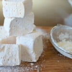Freshly cut marshmallows are dusted with icing sugar to stop them from sticking.