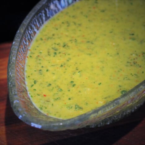 Chimichurri sauce is prepared and ready to serve.