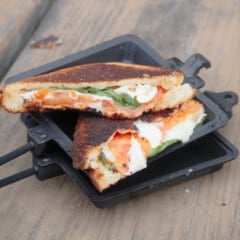 A caprese sandwich is sitting in the pie iron it was cooked in.