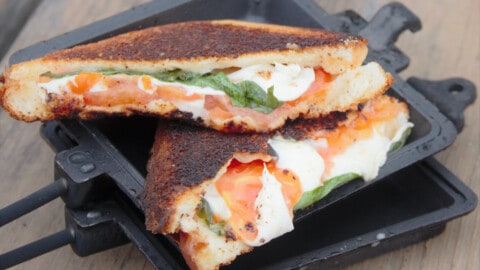 A caprese sandwich is sitting in the pie iron it was cooked in.