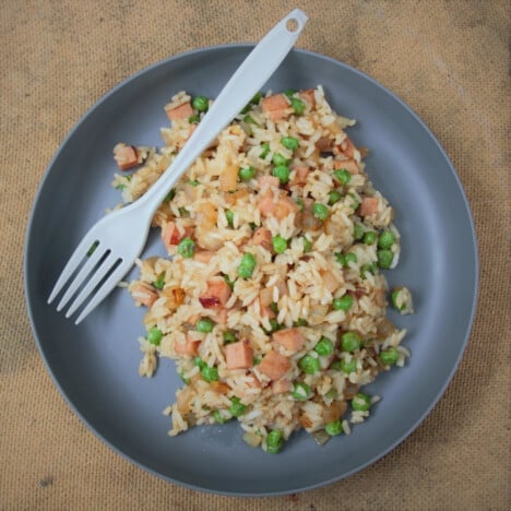 Looking down on a grey camp plate of spam fried rice with a fork.