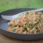 Spam fried rice served on a grey camp plate with a fork.