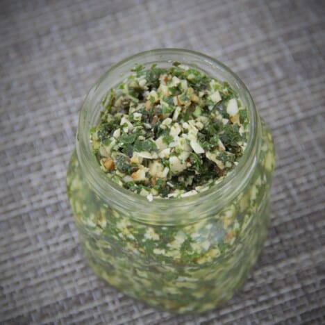 Walnut pesto is in a jar ready to eat now on pasta or at later date.
