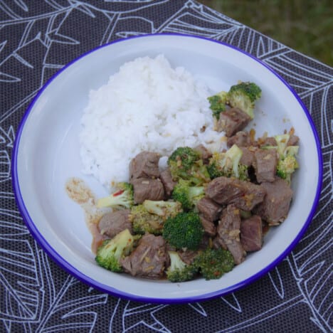 Ariel view of a plate of beef and broccoli stir-fry with white rice.