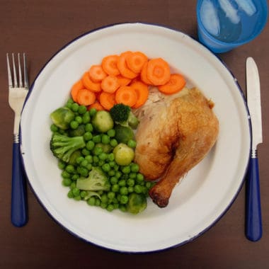 Areal photo of a roast chicken dinner