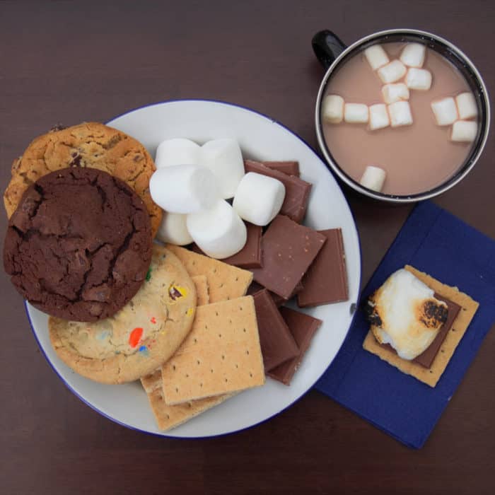 Areal photo od supper options including cookies and s'more ingredients