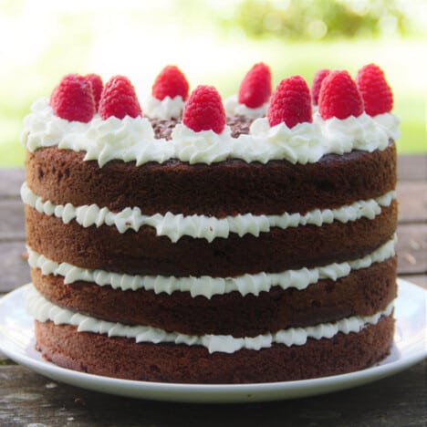 A finished chocolate raspberry cake with layers of cake, whipped cream, and fresh raspberries on top.