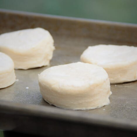 Four uncooked biscuits sit on a baking tray.