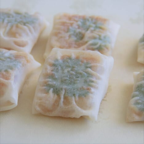 Several individual fish portions topped by cilantro leaves and wrapped in softened rice paper, lined up and ready to cook.